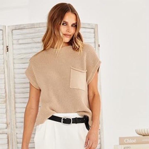Anrabess Tan Stretch Knit Crop Top Sweater Pull On Blouse Mock Neck, Size L - Picture 1 of 8